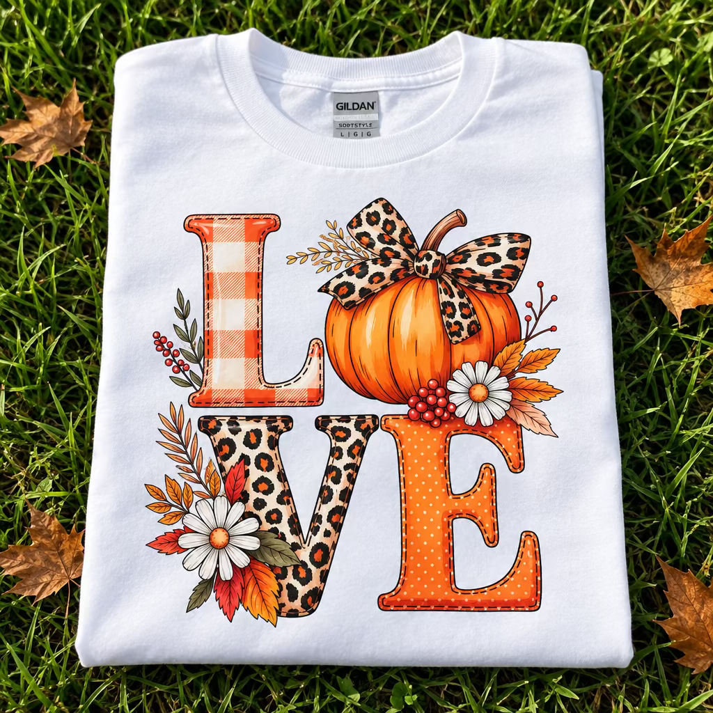 a light tan t-shirt featuring a large autumn-themed graphic that spells 'LOVE' with a pumpkin, leopard print bow, buffalo check 'L', leopard print 'O', and orange dotted 'E', 